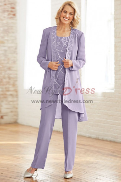 Lavender Chiffon Mother of the bride pant suit dress with Sequins Elastic waist Trouser Plus size nmo-434