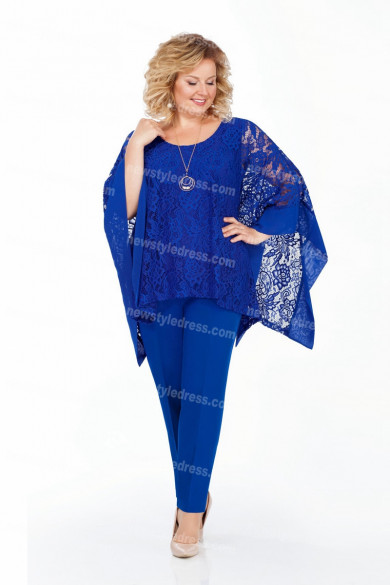 Modern Royal Blue 3PC Mother of the Bride pant suits With Cape Plus Size nmo-718-3