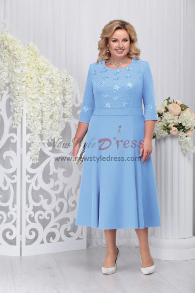 Modern Sky Blue Mid-Calf-Length Mother of the Bride Dresses, Plus Size Half Sleeves Women