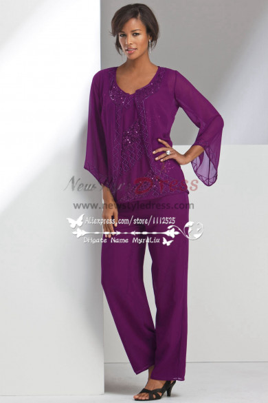 Mother of the bride pant suits Beaded Purple chiffon Pantset for Summer beach wedding  nmo-270