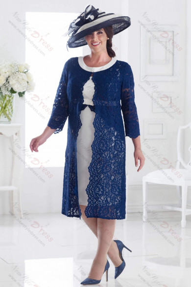 Navy and White 2PC outfits Plus size Mother of the bride dress with Lace Jacket NMO-629