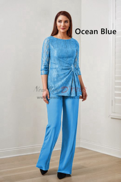 Ocean Blue Lace Stretchy Waist Pants Mother Of The Bridal Outfits, 2 Piece Spring Women
