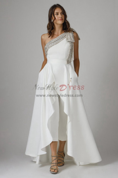 One Shoulder Wedding Jumpsuit with Detachable Overskirt, Wedding Outfits, Combinaisons De Mariée wps-274