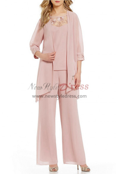 Pink Chiffon 3 PCS Outfit Mother of the bride pant suit With Jacket nmo ...