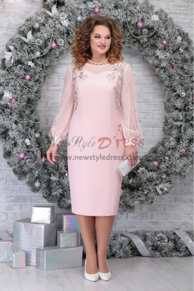 Pink Elegant Mid-Calf-Length Mother of the Bride Dresses, Plus Size Long Sleeves Women