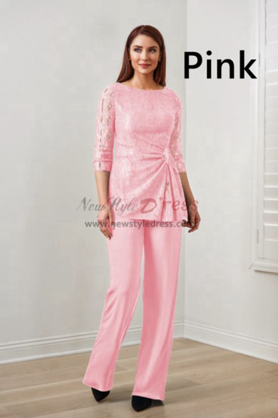 Pink Lace Elastic Pants Mother Of The Bride Pant Suits, 2 Piece Spring Women