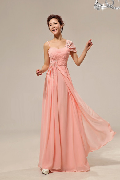 Cheap pink Portait Chiffon long Crystal Prom Dresses np-0258