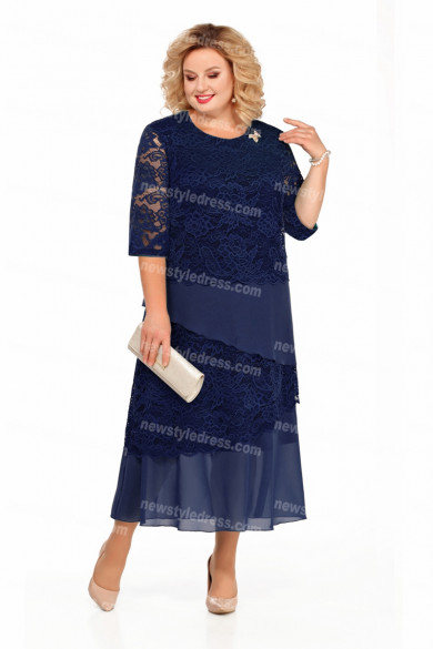 Plus Size Dark Navy Ankle-Length Mother Of The Bride Dresses With Half Sleeves nmo-729-6