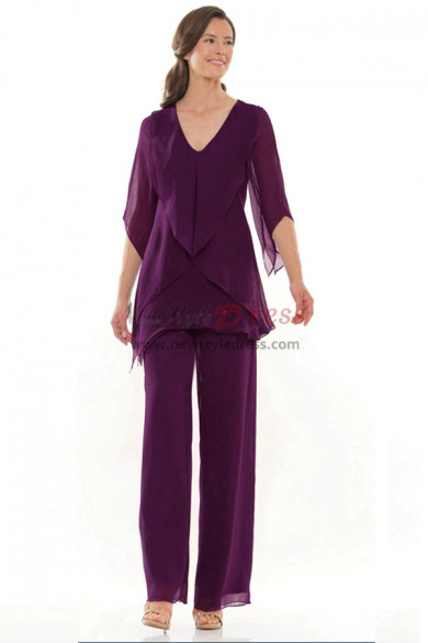Purple Chiffon Fashion Mother of the Bride Pant Suit,Two Piece Half Sleeves Women