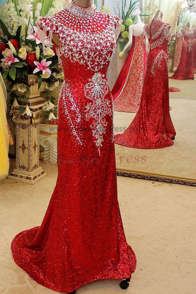 red High Collar Luxurious Above The Waist Crystal Sequins prom Dresses np-0123