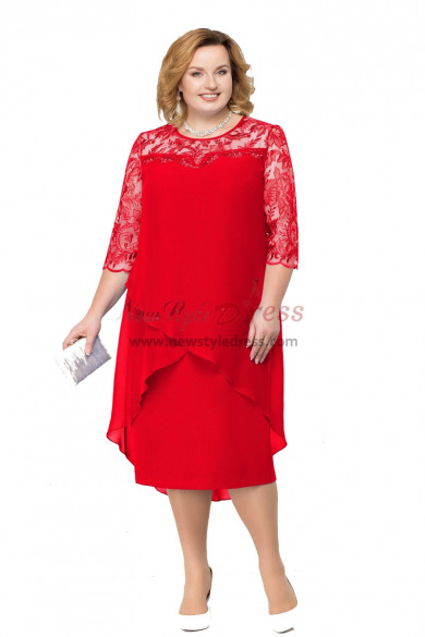 Red Chiffon Mother of the bride Dresses Plus Size Lace Tea-Length Women