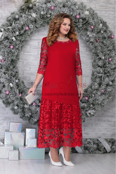 Red Lace Half Sleeves Mother of the Bride Dresses, Elegant Ankle-Length Women