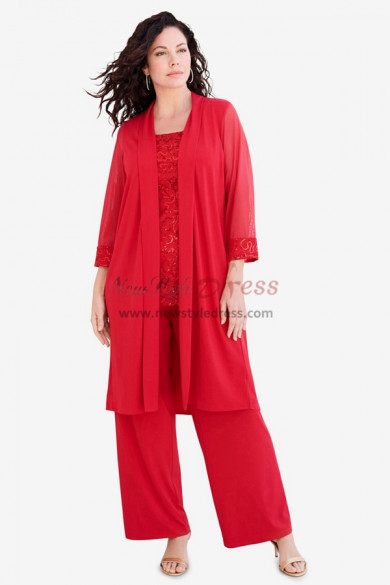 Red Mother of the Bride Pant Suits, 3 PC Loose Stretchy Waist Trousers Women