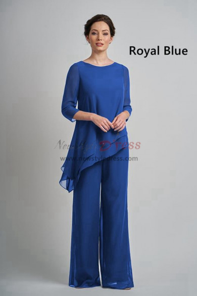 Royal Blue Chiffon Asymmetry Half Sleeves Elastic Waist Mother Of The Bride Pant Suits mos-0008-3