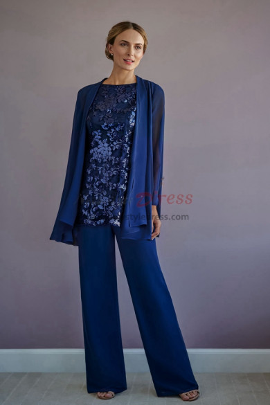 Royal Blue Sequin Fabrics Sequin Fabrics Mother of the Bride Pant Suits, 3 Piece Women