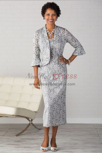 Silver Gray Lace Mother of the bride dresses With Jacket Mid-Calf Outfit nmo-465