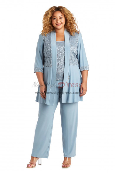 Sky Blue Mother of the Bride Pant suit With Elastic Waist 3 PC Plus Size Trousers Outfit With Jacket nmo-844-1