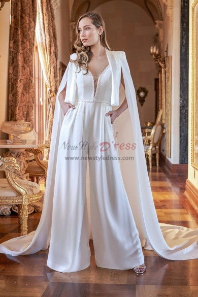 Stylish Wedding Jumpsuits with Long Cape Jacket Bridal Pants wps-308