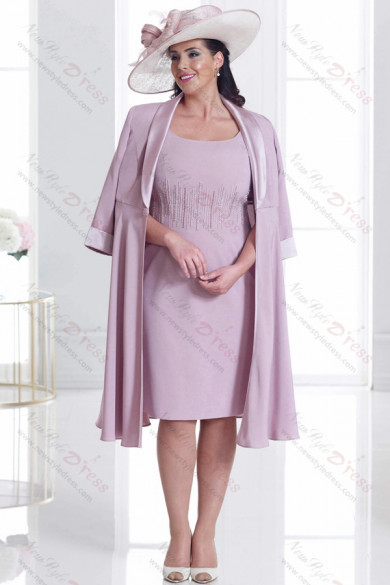 Two piece Plus size Mother of the bride dress With Jacket Pink Knee-Length NMO-642