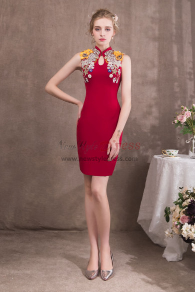 Women Chinese Style Red Knee-Length Sheath Prom dresses NP-0423