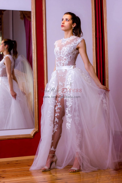 Wedding Jumpsuit, Lace Wedding Romper, Wedding Jumper, Bridal playsuit, Alternative Wedding Dresses with Detachable Skirt bjp-0025