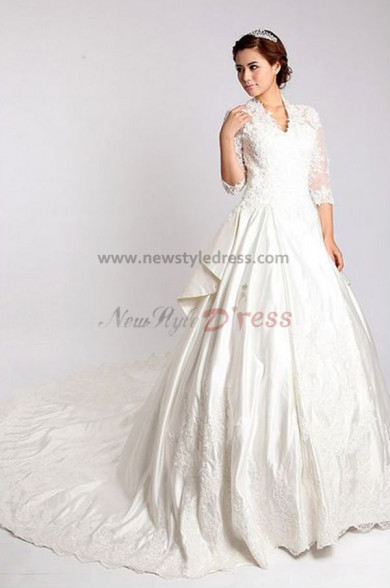 Classic 3/4-length Sleeves Classic Cathedral Train Hand-beading Wedding Dresses nw-0086