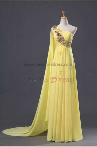 Crystal Chiffon Sashes Court Train One Shoulder Elegant Glamorous Yellow Chest with beading Prom dresses np-0030