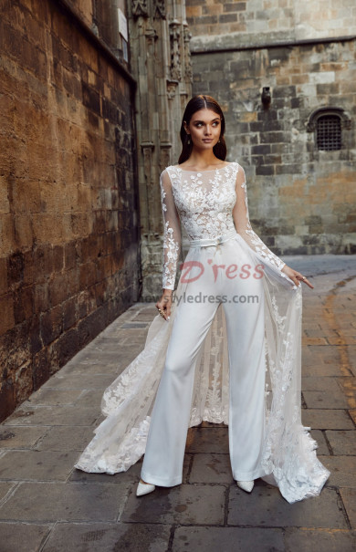 2023 Lace Long Sleeves Bridal Jumpsuits, Glamorous Beach Wedding Jumpsuits With Brush Train bjp-0062