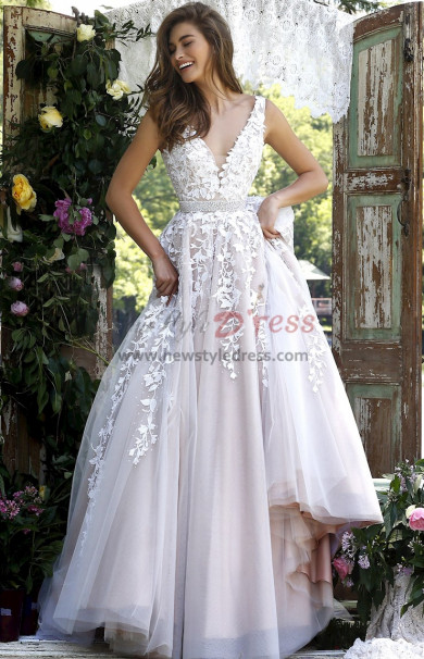 Ivory Lace A-Line V-Neck Prom Dresses, Classic Empire  Wedding Party Dresses with Hand Beading Belt pds-0074-2