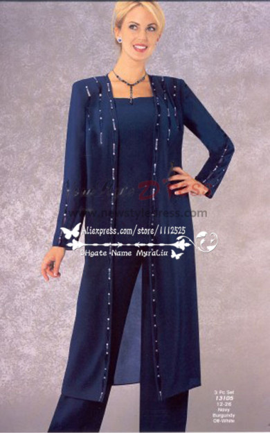 Classic Mother of the bride pant suits with long coat  Dark navy chiffon dresses Plus size  nmo-251