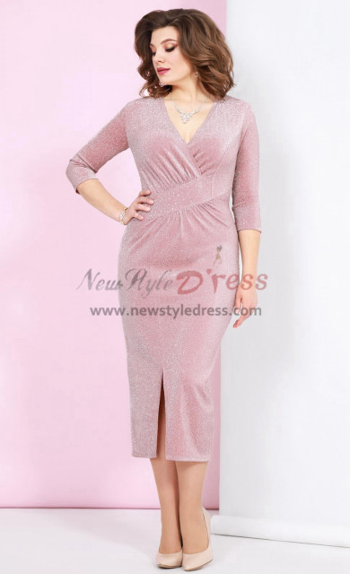 2023 Mid-Calf Pink V-Neck Evening Dresses for Mother, Sheath Wedding Guest Dresses mds-0018-1