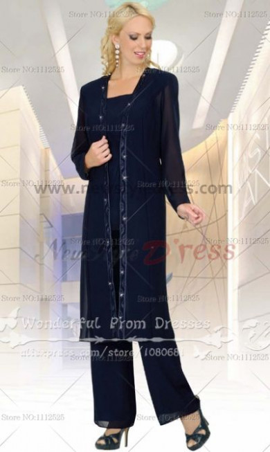 Dark Navy mother of the bride pants suits with classic long shirt nmo-051