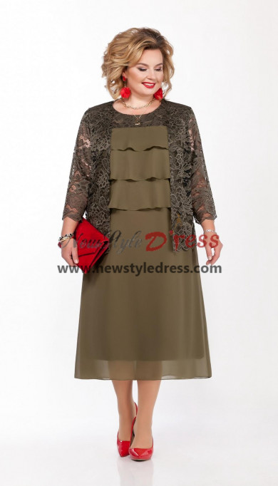 2 Piece flaxen Mother Of The Bride Dresses with Lace Jacket, Mid-Calf Women