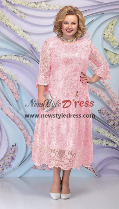 Pink Lace Mid-Calf Mother Of the Bride Dress, Plus Size Women