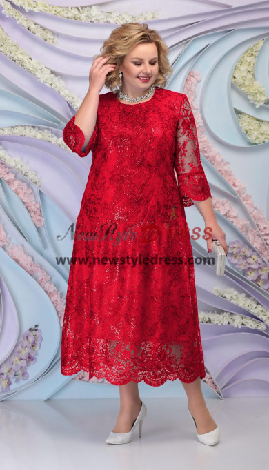 Red Lace Mid-Calf Mother Of the Bride Dress, Plus Size Women