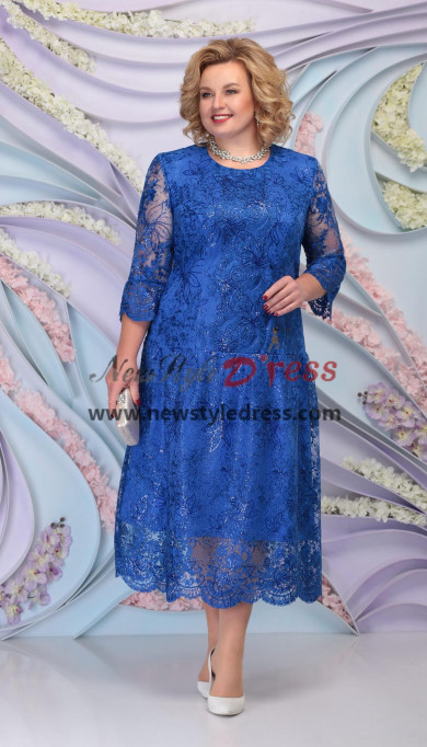 Royal Blue Lace Mid-Calf Mother Of the Bride Dress, Plus Size Women