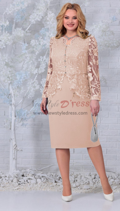 2023 Sleeve length Mid-Calf Champagne Mother of the Bride Dresses, Dressy Appliques Wedding Guest Dresses mds-0022-3