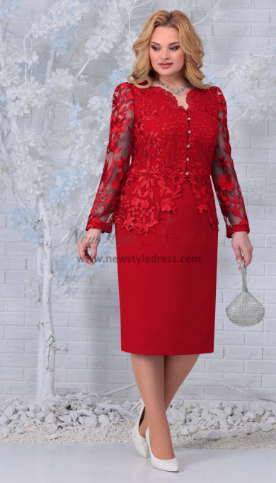 2023 Sleeve length Mid-Calf Red Mother of the Bride Dresses, Dressy Appliques Wedding Guest Dresses mds-0022-1