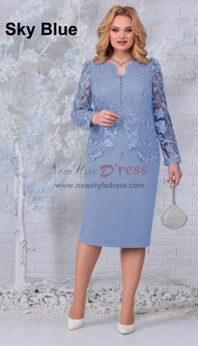 2023 Sleeve length Mid-Calf Sky Blue Mother of the Bride Dresses, Dressy Appliques Wedding Guest Dresses mds-0022-2