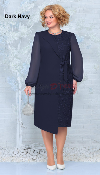 Dark Navy Fashion Long Sleeves Mother of the Bride Dresses, Mid-Calf Women