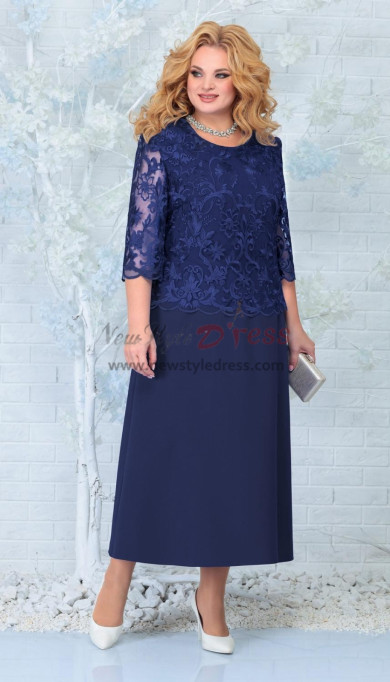 Dark Navy Plus Size Elegant Ankle-Length Mother of the Bride Dresses, Lace Half Sleeves Women