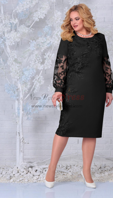 Elegant Black Lace Flower Mid-Calf-Length Mother of the Bride Dresses, Plus Size Long Sleeves Women
