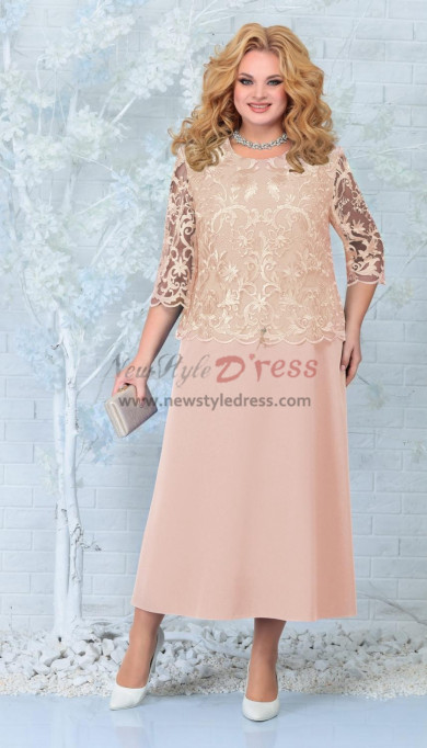 Plus Size Elegant Ankle-Length Mother of the Bride Dresses, Champagne Lace Half Sleeves Women
