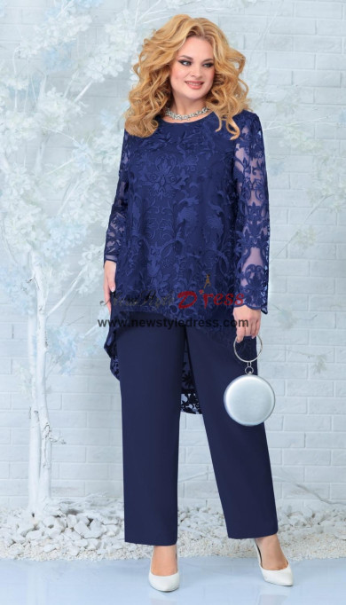 Plus Size Navy Blue Lace Mother of the Bride Pantsuits Trousers with Elastic Waist nmo-875-4