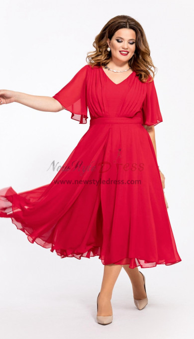 Red Mother of the Bride Chiffon Dress, Customized Plus Size Modern Mid-Calf-Length Women