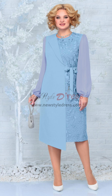 Sky Blue Fashion Long Sleeves Mother of the Bride Dresses, Mid-Calf Women