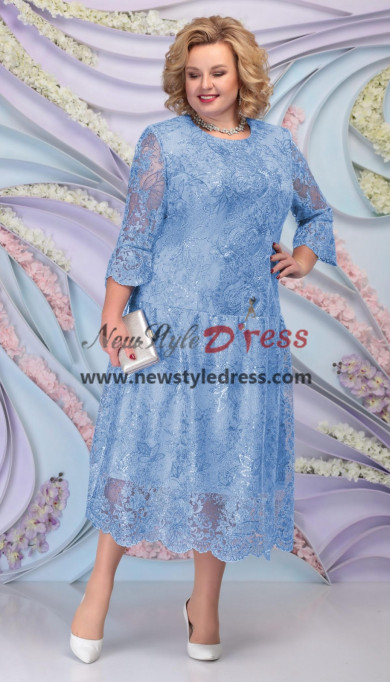 Sky Blue Lace Mid-Calf Mother Of the Bride Dress, Plus Size Women