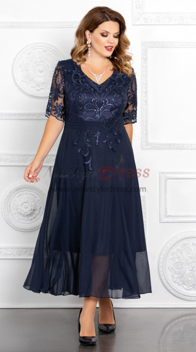 Dark Navy Ankle-Length A-Line Mother of the Bride Dresses,Half Sleeves Modern Wedding Guest Dresses mds-0020