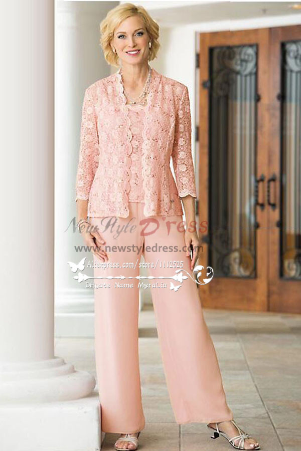 3PC Pink lace Trousers set Mother of the bride pant suits dresses for ...