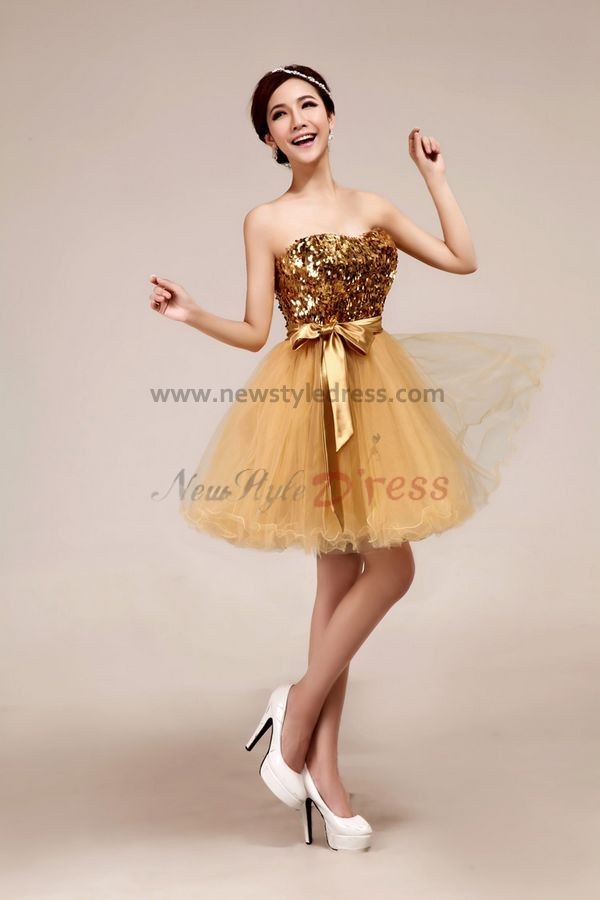 Champagne Tulle Organza Strapless Knee-Length Sequined Ruched Ribbons Simple Informal Modern Cocktail dresses nm-0029
